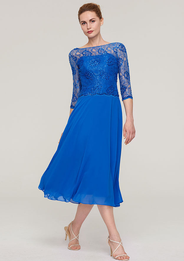 Tea-Length Chiffon Mother of the Bride Dress with Beading Lace, 3/4 Sleeve Bateau BM bride