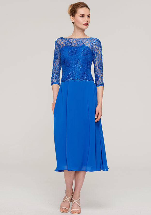 Tea-Length Chiffon Mother of the Bride Dress with Beading Lace, 3/4 Sleeve Bateau BM bride