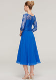 Tea-Length Chiffon Mother of the Bride Dress with Beading Lace, 3/4 Sleeve Bateau BM bride