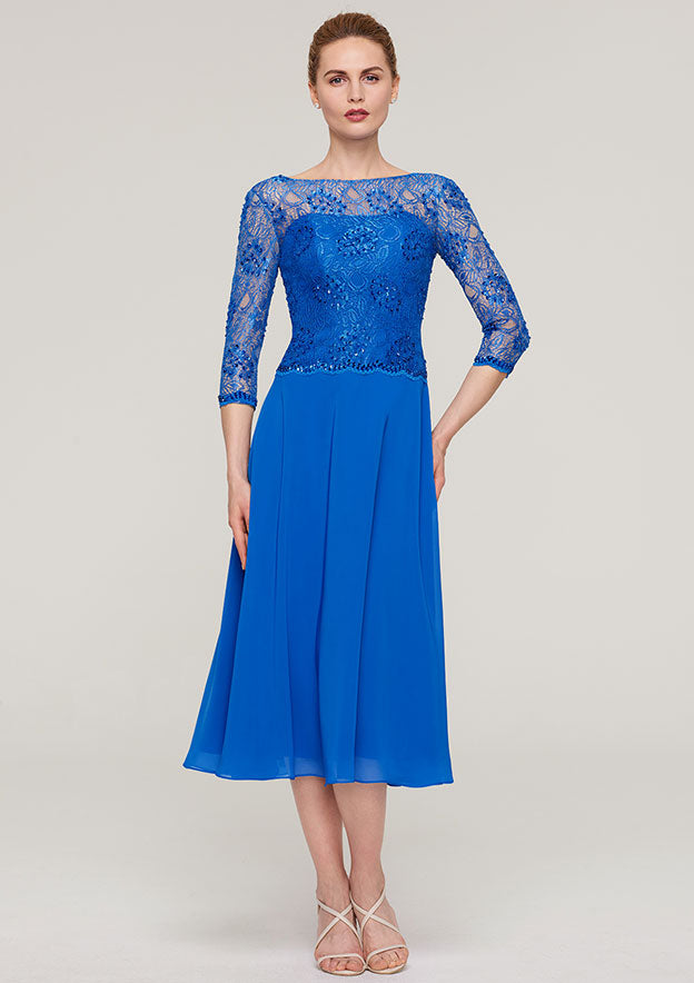 Tea-Length Chiffon Mother of the Bride Dress with Beading Lace, 3/4 Sleeve Bateau BM bride