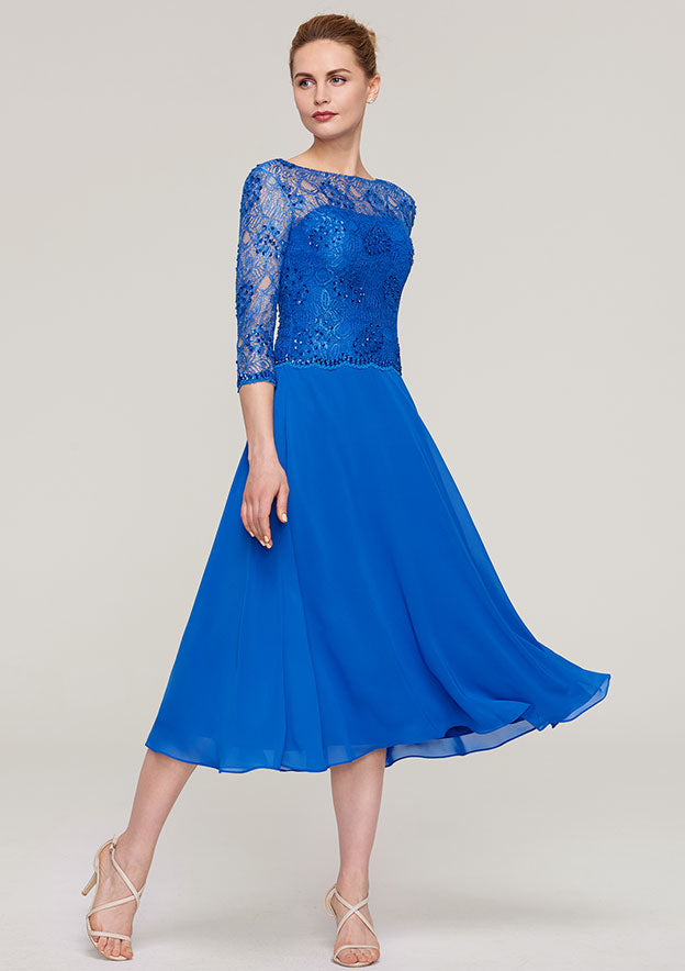 Tea-Length Chiffon Mother of the Bride Dress with Beading Lace, 3/4 Sleeve Bateau BM bride