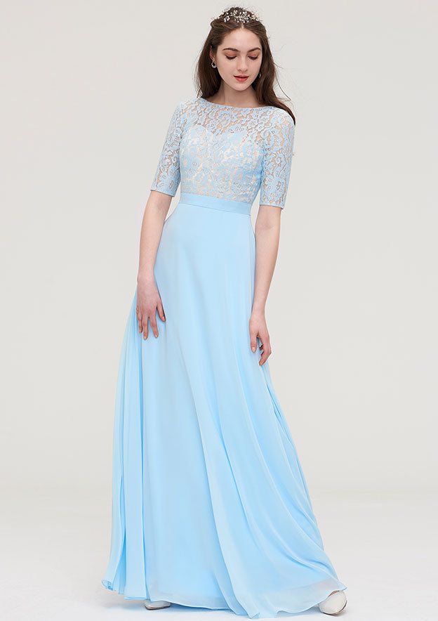 Floor-Length Chiffon Bridesmaid Dress, A-Line/Princess Cut, Bateau Neck, Half Sleeve, With Lace BM bride