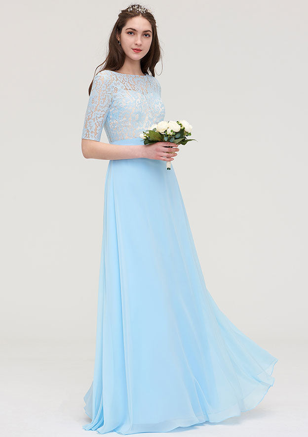 Floor-Length Chiffon Bridesmaid Dress, A-Line/Princess Cut, Bateau Neck, Half Sleeve, With Lace BM bride