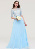 Floor-Length Chiffon Bridesmaid Dress, A-Line/Princess Cut, Bateau Neck, Half Sleeve, With Lace BM bride