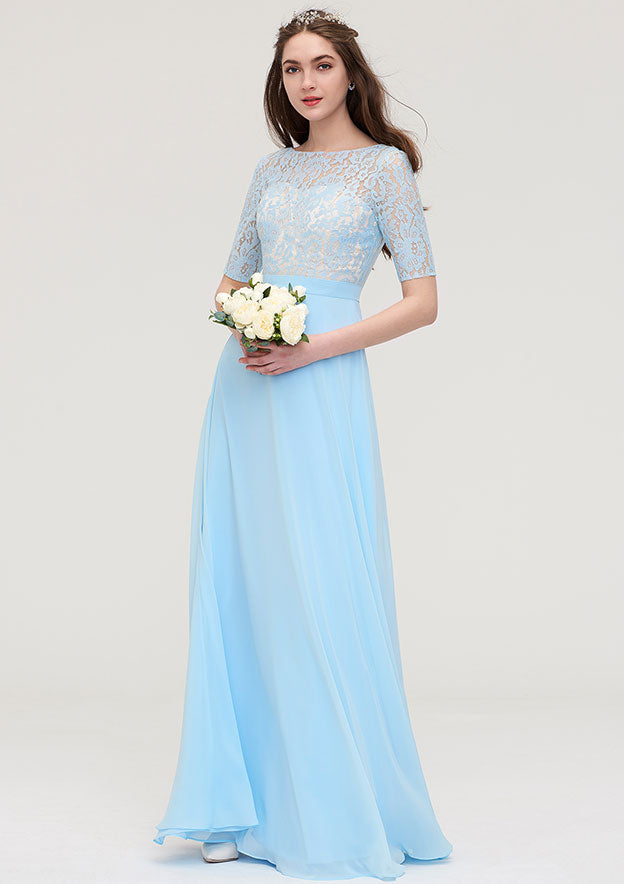 Floor-Length Chiffon Bridesmaid Dress, A-Line/Princess Cut, Bateau Neck, Half Sleeve, With Lace BM bride