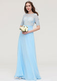 Floor-Length Chiffon Bridesmaid Dress, A-Line/Princess Cut, Bateau Neck, Half Sleeve, With Lace BM bride