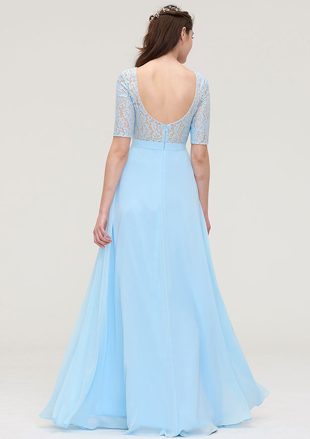 Floor-Length Chiffon Bridesmaid Dress, A-Line/Princess Cut, Bateau Neck, Half Sleeve, With Lace BM bride