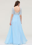 Floor-Length Chiffon Bridesmaid Dress, A-Line/Princess Cut, Bateau Neck, Half Sleeve, With Lace BM bride