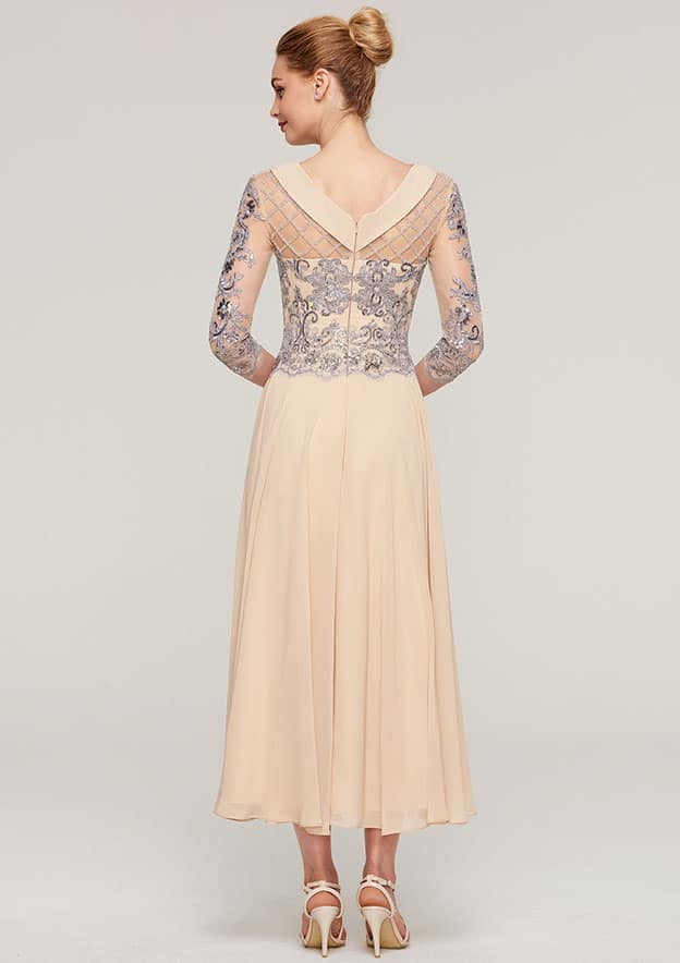 Tea-Length Chiffon Mother of the Bride Dress with Sequins Beading Lace, 3/4 Sleeve Bateau A-line BM bride