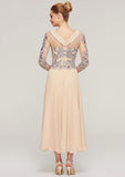 Tea-Length Chiffon Mother of the Bride Dress with Sequins Beading Lace, 3/4 Sleeve Bateau A-line BM bride