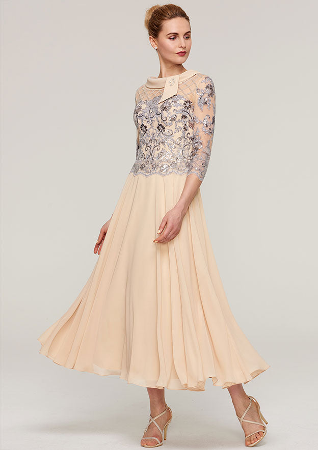 Tea-Length Chiffon Mother of the Bride Dress with Sequins Beading Lace, 3/4 Sleeve Bateau A-line BM bride