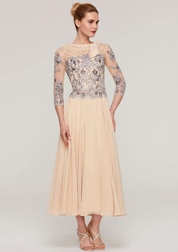 Tea-Length Chiffon Mother of the Bride Dress with Sequins Beading Lace, 3/4 Sleeve Bateau A-line BM bride