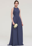 Floor-Length Chiffon Bridesmaid Dress In Stormy, A-Line/Princess Style, Scoop Neck, Sleeveless, With Pleats BM bride