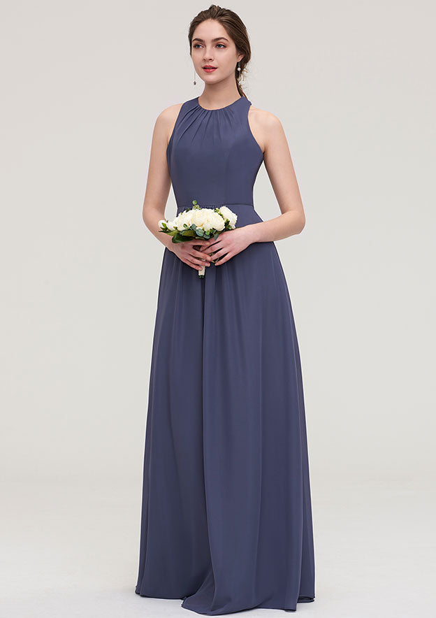 Floor-Length Chiffon Bridesmaid Dress In Stormy, A-Line/Princess Style, Scoop Neck, Sleeveless, With Pleats BM bride