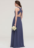 Floor-Length Chiffon Bridesmaid Dress In Stormy, A-Line/Princess Style, Scoop Neck, Sleeveless, With Pleats BM bride