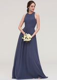 Floor-Length Chiffon Bridesmaid Dress In Stormy, A-Line/Princess Style, Scoop Neck, Sleeveless, With Pleats BM bride