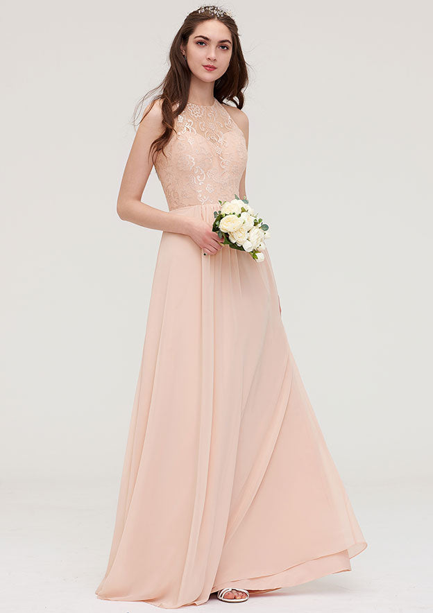 Floor-Length Chiffon Bridesmaid Dress, A-Line/Princess Shape, Bateau Neck, Sleeveless, With Lace And Pleats BM bride