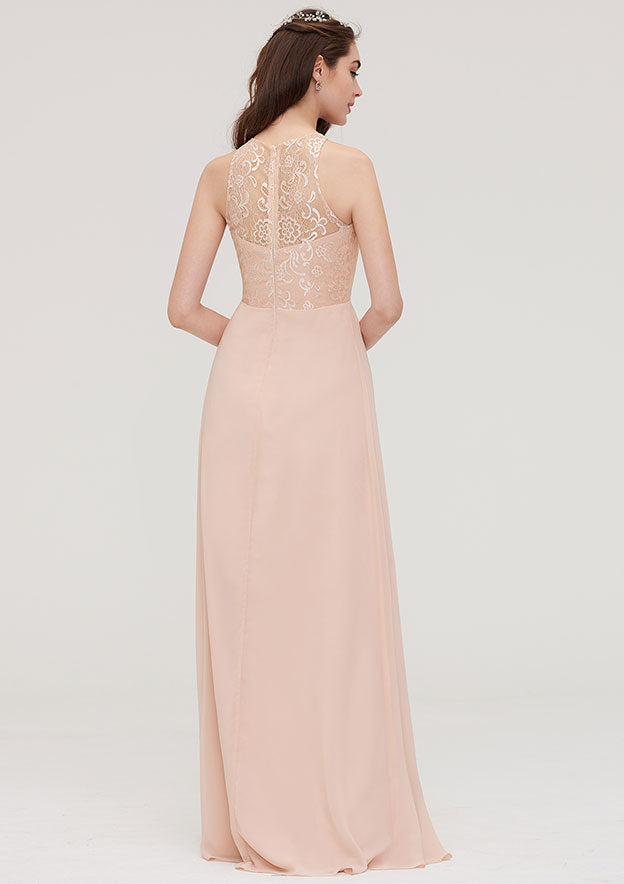 Floor-Length Chiffon Bridesmaid Dress, A-Line/Princess Shape, Bateau Neck, Sleeveless, With Lace And Pleats BM bride