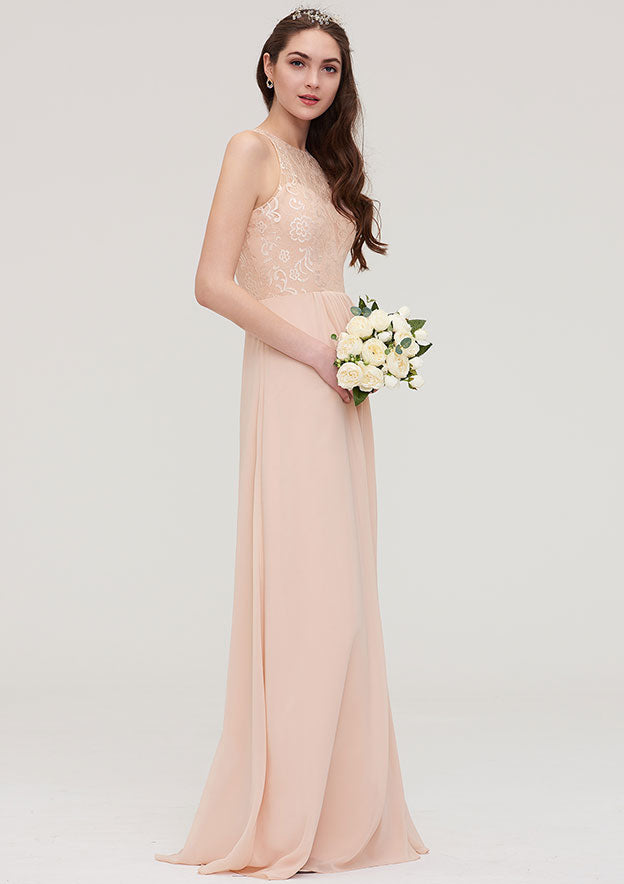 Floor-Length Chiffon Bridesmaid Dress, A-Line/Princess Shape, Bateau Neck, Sleeveless, With Lace And Pleats BM bride