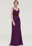 Floor-Length Chiffon Bridesmaid Dress, Sheath/Column Shape, V-Neck, Sleeveless, With Sashes, Beading, And Pleats BM bride