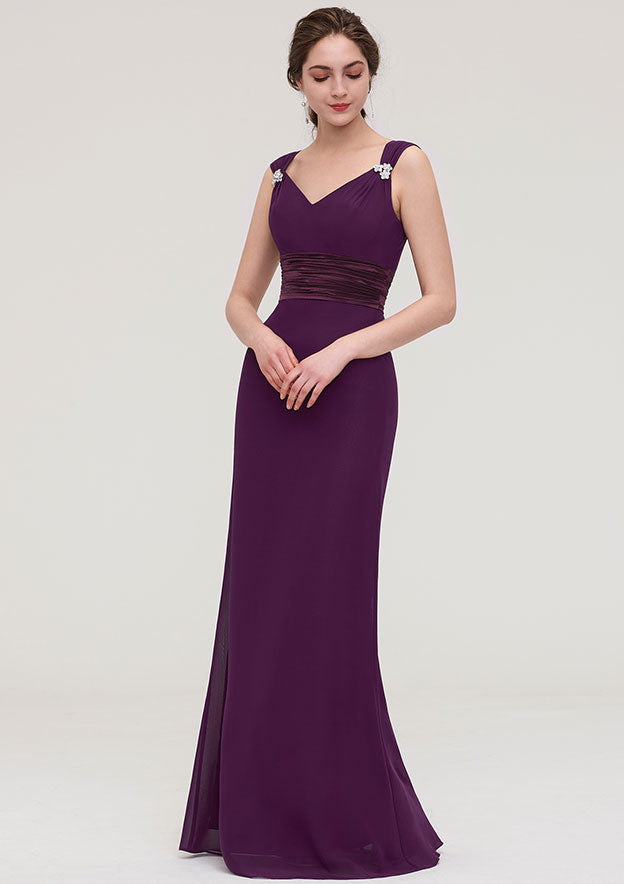 Floor-Length Chiffon Bridesmaid Dress, Sheath/Column Shape, V-Neck, Sleeveless, With Sashes, Beading, And Pleats BM bride