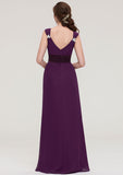 Floor-Length Chiffon Bridesmaid Dress, Sheath/Column Shape, V-Neck, Sleeveless, With Sashes, Beading, And Pleats BM bride