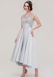 Floor-Length Asymmetrical Satin Bridesmaid Dress, A-Line/Princess Style, V-Neck, Sleeveless, With Pleats And Lace BM bride