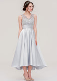 Floor-Length Asymmetrical Satin Bridesmaid Dress, A-Line/Princess Style, V-Neck, Sleeveless, With Pleats And Lace BM bride