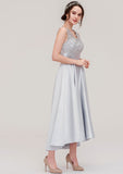 Floor-Length Asymmetrical Satin Bridesmaid Dress, A-Line/Princess Style, V-Neck, Sleeveless, With Pleats And Lace BM bride