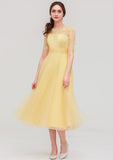 Tea-Length Tulle Bridesmaid Dress, A-Line/Princess Shape, Bateau Neck, Short Sleeve, With Pleats And Lace BM bride