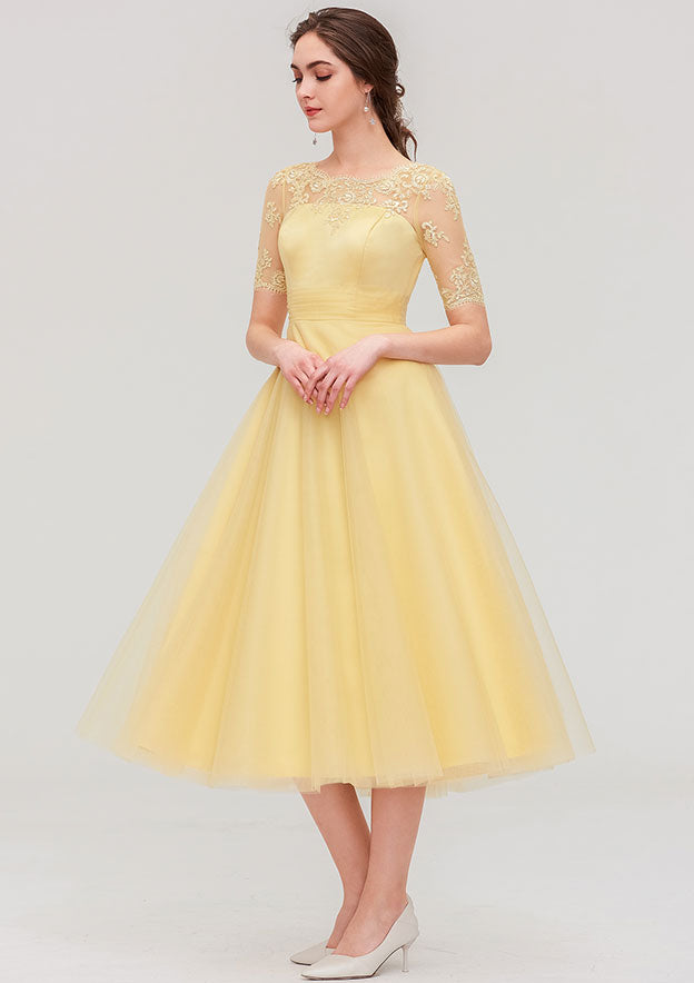 Tea-Length Tulle Bridesmaid Dress, A-Line/Princess Shape, Bateau Neck, Short Sleeve, With Pleats And Lace BM bride