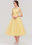 Tea-Length Tulle Bridesmaid Dress, A-Line/Princess Shape, Bateau Neck, Short Sleeve, With Pleats And Lace BM bride