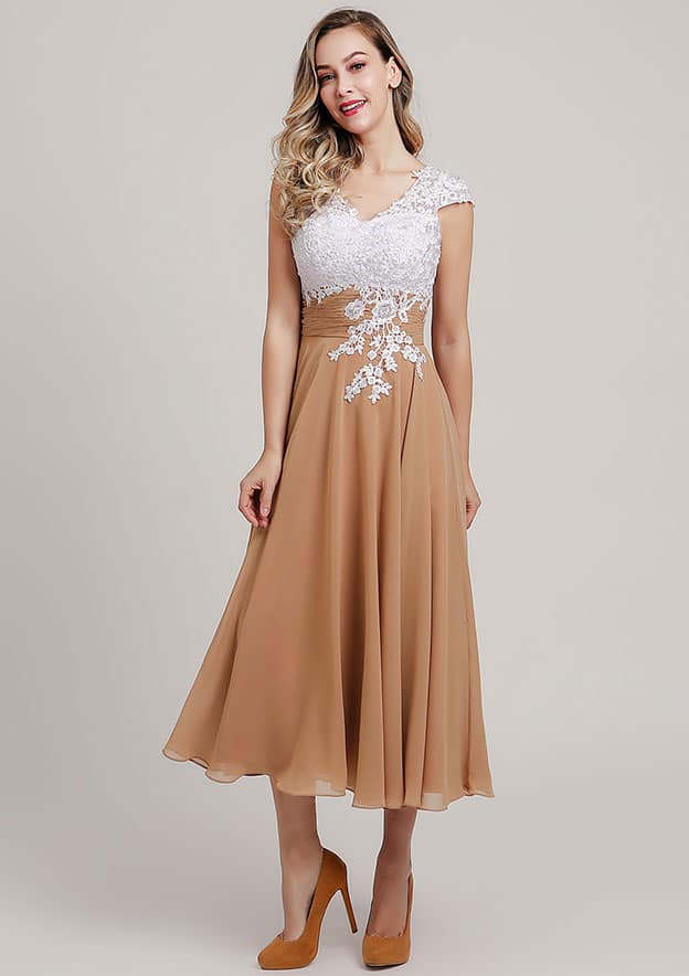 Tea-Length Chiffon Mother of the Bride Dress with Lace, Short Sleeve V Neck BM bride