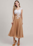 Tea-Length Chiffon Mother of the Bride Dress with Lace, Short Sleeve V Neck BM bride