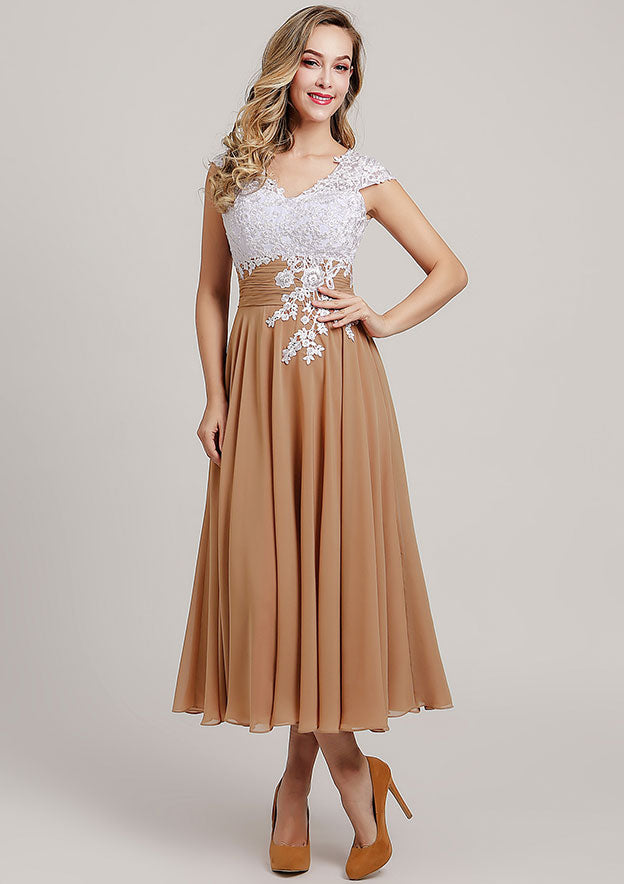 Tea-Length Chiffon Mother of the Bride Dress with Lace, Short Sleeve V Neck BM bride