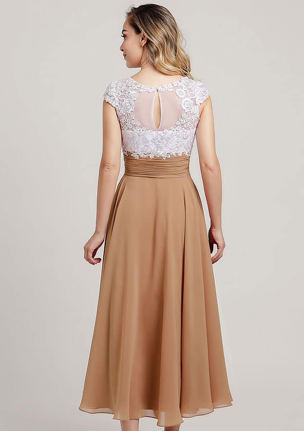 Tea-Length Chiffon Mother of the Bride Dress with Lace, Short Sleeve V Neck BM bride