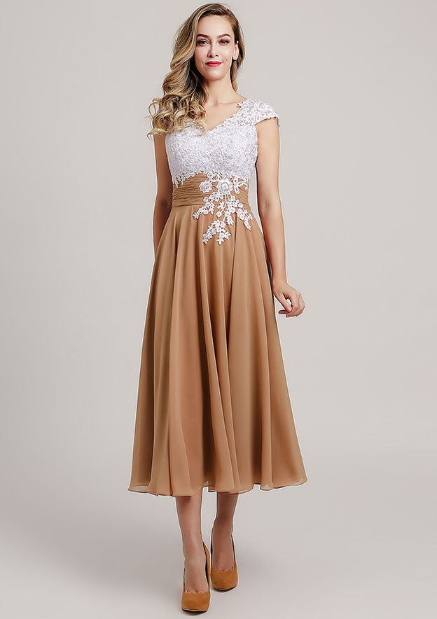 Tea-Length Chiffon Mother of the Bride Dress with Lace, Short Sleeve V Neck BM bride