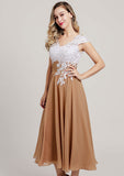 Tea-Length Chiffon Mother of the Bride Dress with Lace, Short Sleeve V Neck BM bride