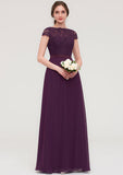 Floor-Length Chiffon Bridesmaid Dress, A-Line/Princess Style, Bateau Neck, Short Sleeves, With Sashes And Lace BM bride