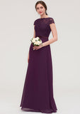 Floor-Length Chiffon Bridesmaid Dress, A-Line/Princess Style, Bateau Neck, Short Sleeves, With Sashes And Lace BM bride