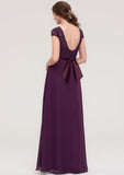 Floor-Length Chiffon Bridesmaid Dress, A-Line/Princess Style, Bateau Neck, Short Sleeves, With Sashes And Lace BM bride