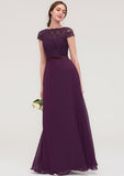 Floor-Length Chiffon Bridesmaid Dress, A-Line/Princess Style, Bateau Neck, Short Sleeves, With Sashes And Lace BM bride