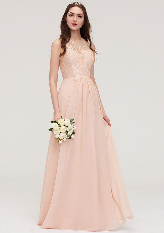 Floor-Length Chiffon Bridesmaid Dress, A-Line/Princess Shape, Bateau Neck, Sleeveless, With Lace And Pleats BM bride