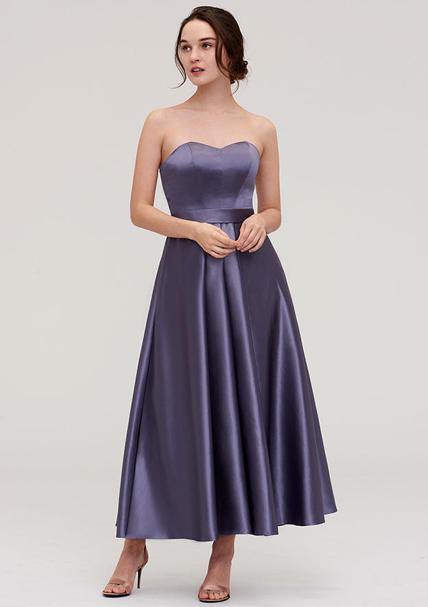 Ankle-Length Satin Bridesmaid Dress, A-Line/Princess Style, Sweetheart Neck, Sleeveless, With Pleats BM bride