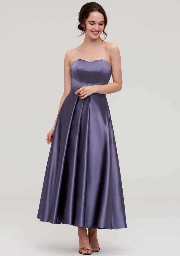 Ankle-Length Satin Bridesmaid Dress, A-Line/Princess Style, Sweetheart Neck, Sleeveless, With Pleats BM bride