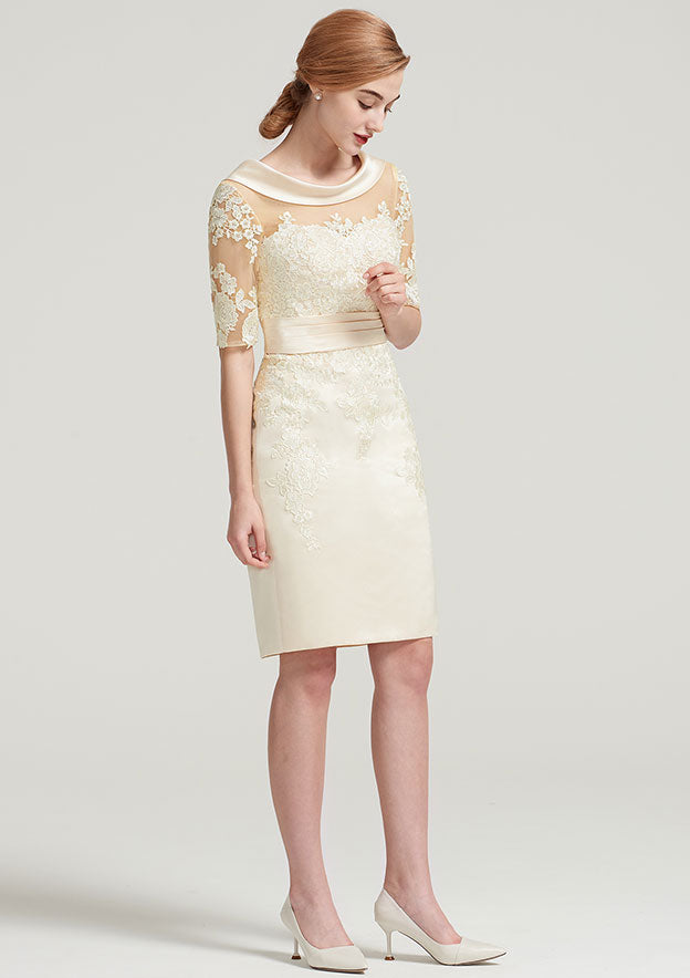 Knee-Length Satin Mother of the Bride Dress with Pleated Appliqued Lace, Short Sleeve Cowl Neck Sheath/Column BM bride