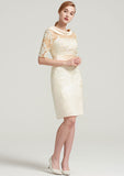 Knee-Length Satin Mother of the Bride Dress with Pleated Appliqued Lace, Short Sleeve Cowl Neck Sheath/Column BM bride