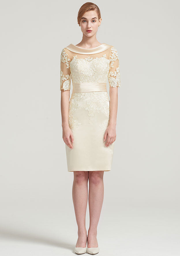 Knee-Length Satin Mother of the Bride Dress with Pleated Appliqued Lace, Short Sleeve Cowl Neck Sheath/Column BM bride