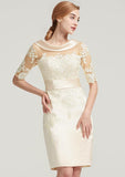 Knee-Length Satin Mother of the Bride Dress with Pleated Appliqued Lace, Short Sleeve Cowl Neck Sheath/Column BM bride