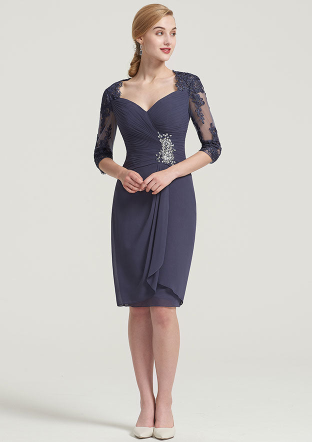 Knee-Length Chiffon Mother of the Bride Dress with Pleated Beading Appliqued, 3/4 Sleeve Scalloped Neck Sheath/Column BM bride